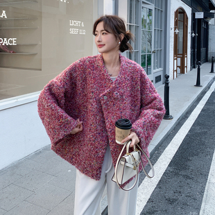 韩版粉色毛呢外套女2025年冬季新款短款夹棉加厚保暖通勤呢子大衣