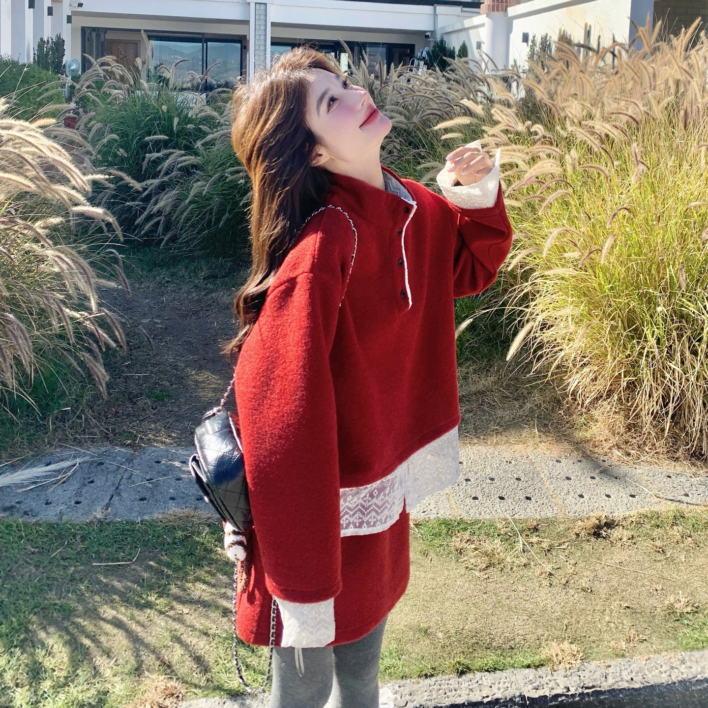 红色毛呢套装女2026春秋季新款韩版蕾丝拼接卫衣上衣半身裙两件套,女装/女士精品,时尚套装,淘宝优惠券,粉丝福利购,淘宝优惠卷