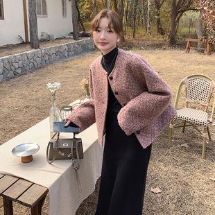 粉色小香风毛呢外套女2025秋冬季新款法式气质高级感夹棉呢子上衣
