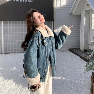韩版羊羔毛拼接牛仔羽绒服女2025冬季新款复古加厚白鸭绒内胆外套