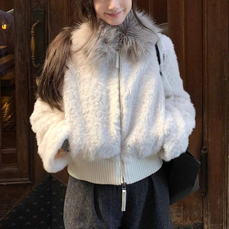 现货 暖冬咩咩 大毛领短款仿皮草外套毛绒保暖翻领冬环保毛毛外套
