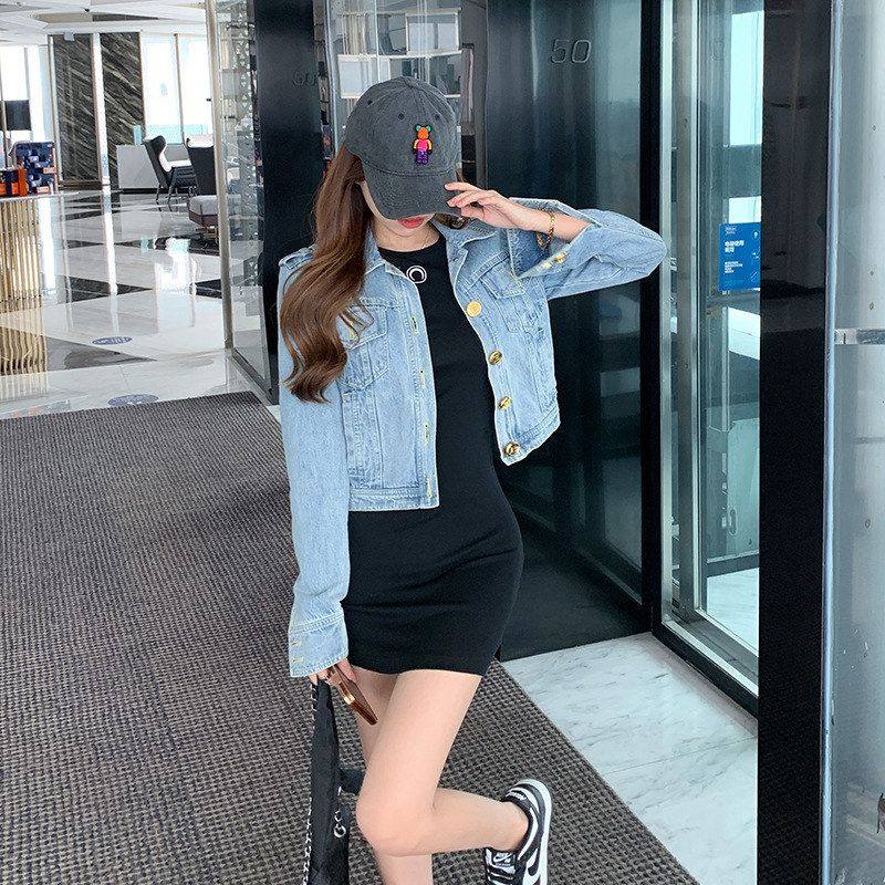 【秋叶英格兰】百搭短款显瘦翻领重工b家金属牛仔外套女