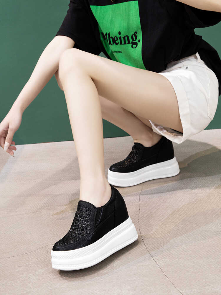 春夏新款内增高女鞋小个子厚底松糕休闲鞋8cm高跟一脚蹬乐福鞋子