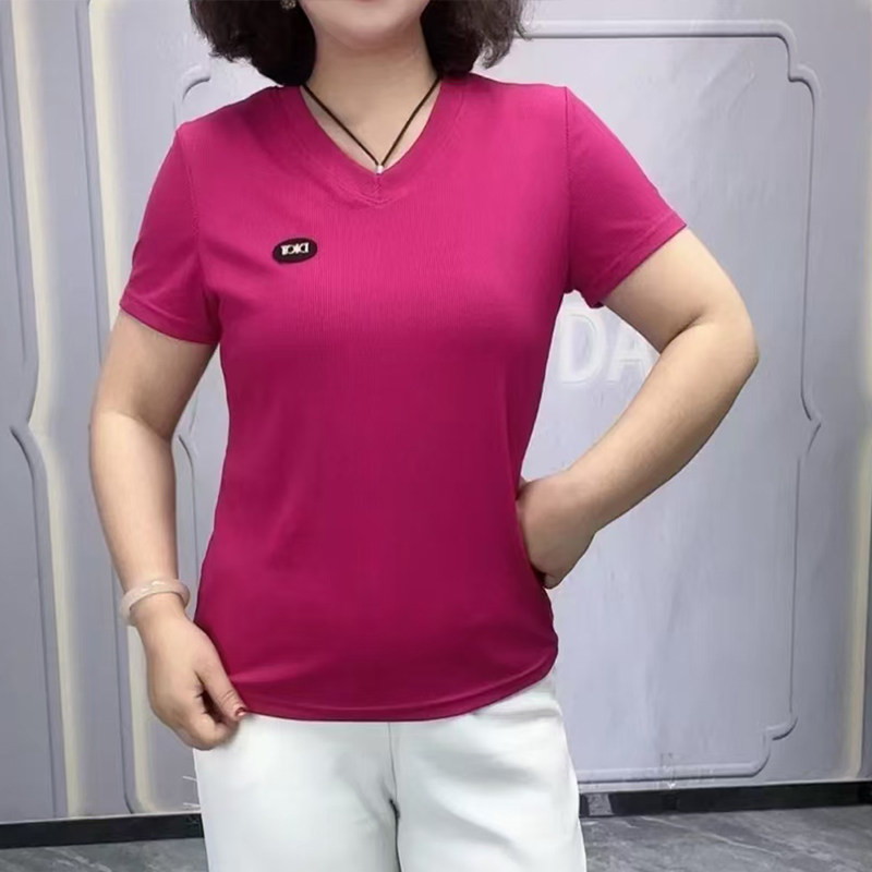 2025新款女士纯色短袖V领T恤显瘦修身遮肉弹力大码女装妈妈装上衣