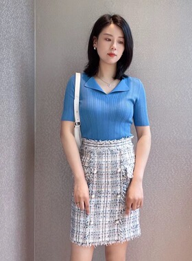 哥家蝴蝶衫针织上衣女v领针织衫翻领针织开衫气质百搭短袖A301222