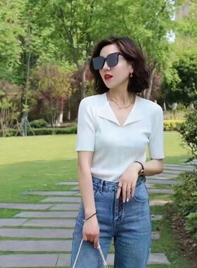 哥家蝴蝶衫针织上衣女v领针织衫翻领针织开衫气质百搭短袖A301222