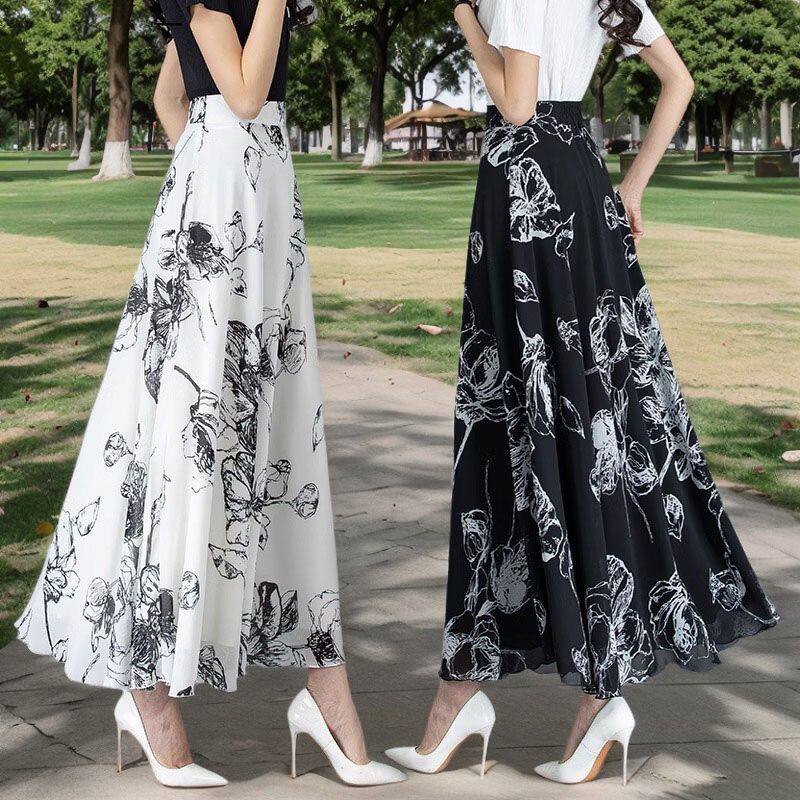 半身长裙A字裙简约显瘦雪纺固定腰水墨印花女2025夏季新款仙女裙