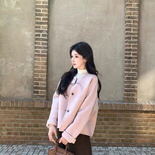 solo爆爆柔粉雪姬小个子双面呢大衣蒲公英粉圆领短款羊毛外套女