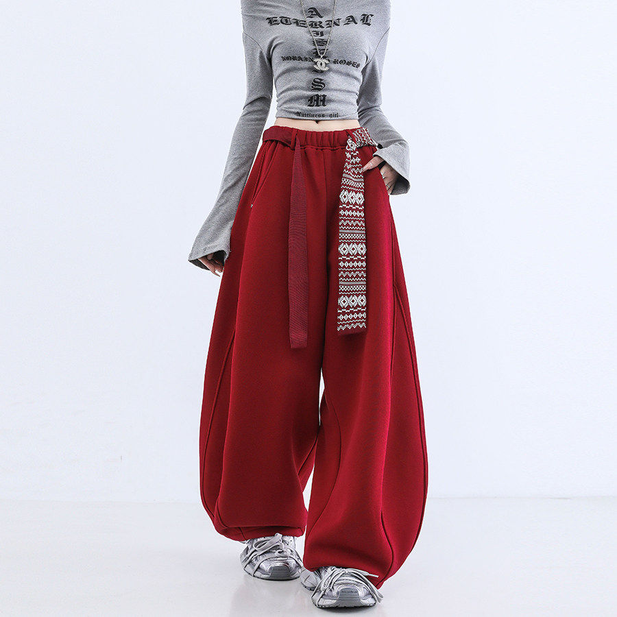 红色加绒卫裤子2025今年流行爆款秋冬装时尚运动休闲阔腿弯刀女裤,女装/女士精品,卫裤,淘宝优惠券,粉丝福利购,淘宝优惠卷