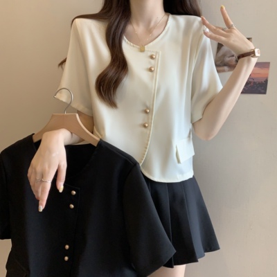 实拍~大码女装法式圆领小香风短袖衬衫遮肚显瘦设计感小众上衣