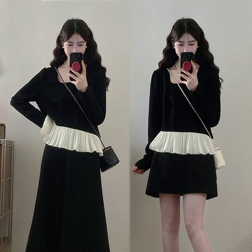 实拍~大码女装气质小香风荷叶边长袖上衣A字半身裙显瘦套装