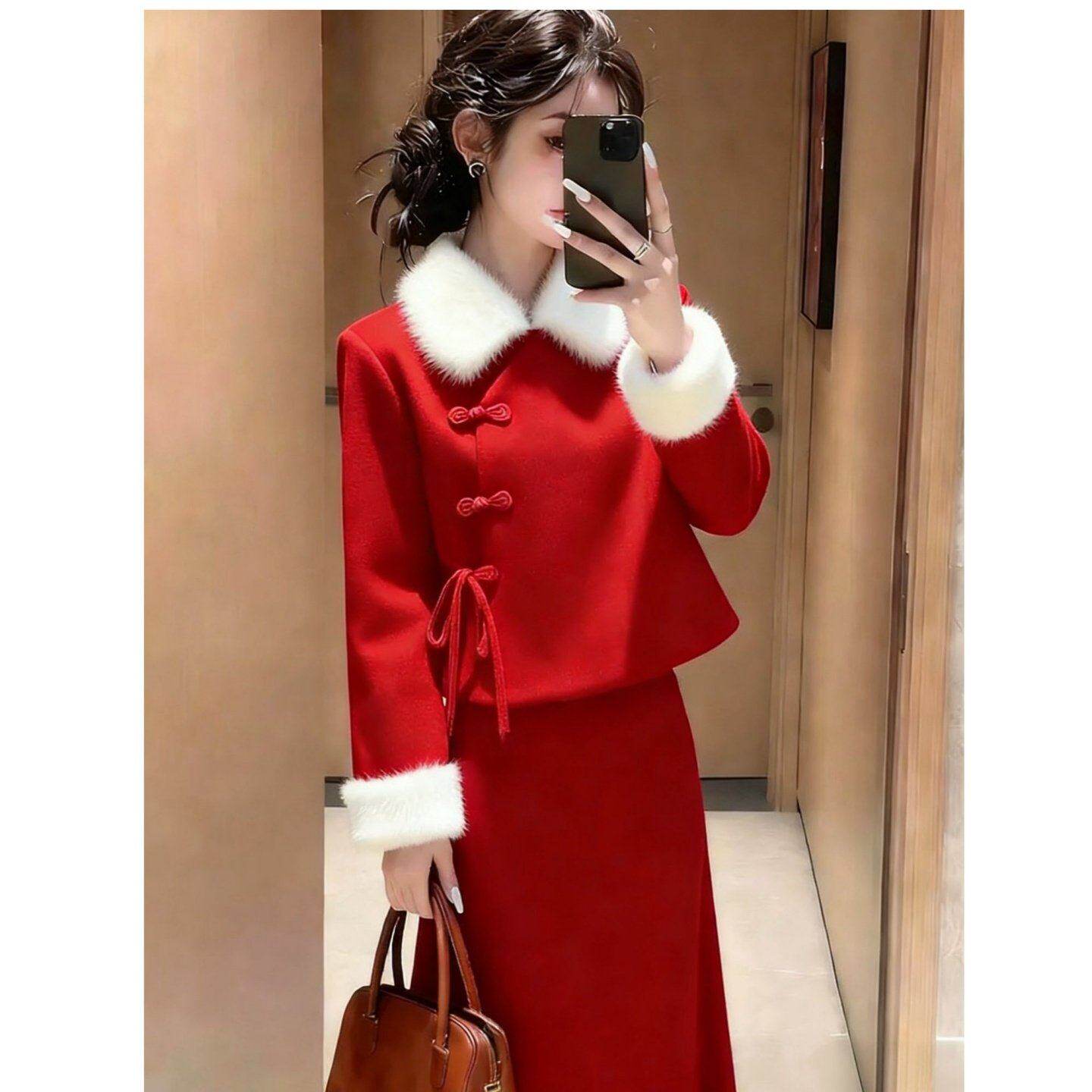 套装女2026新款冬装新中式国风翻领盘扣上衣高腰显瘦直筒半身裙