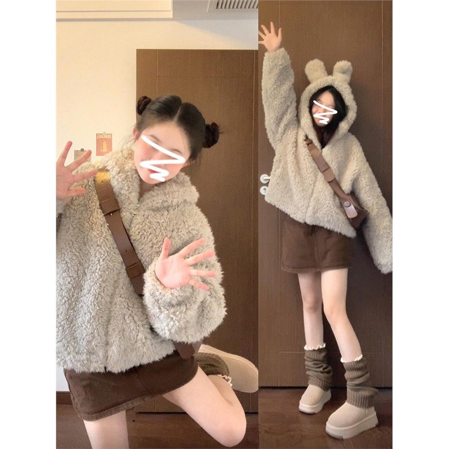 可爱熊耳朵羊羔绒连帽外套女秋冬季2026新款小个子摇粒绒加厚毛衣