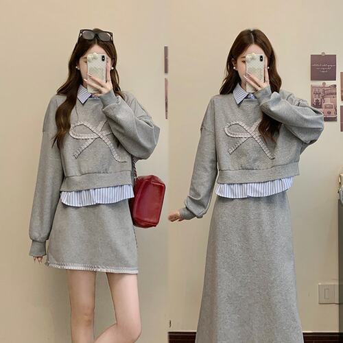 实拍~大码女装微胖mm立体绣花假两件卫衣半裙套装