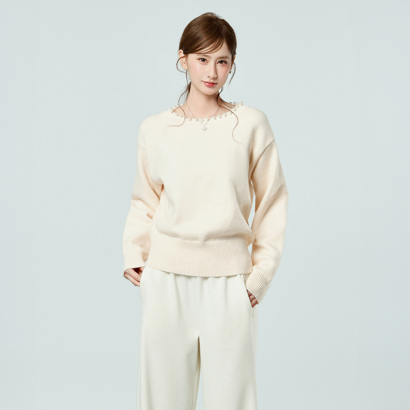 实拍实价温柔风珍珠领粉色针织衫女秋冬季软糯毛衣内搭千金感上衣