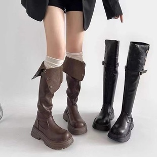 过膝长筒靴女冬季 加绒美拉德骑士靴棕色靴子西部靴俩穿西部靴 新款