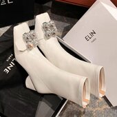 粗高跟水钻瘦瘦切尔西马丁靴 法式 方头白色短靴女秋季 单靴2025新款