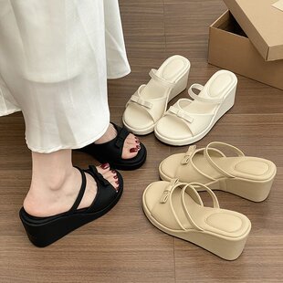 仙女风厚底坡跟增高蝴蝶结拖鞋女夏外穿夏季新款法式小个子凉拖鞋