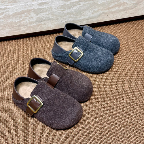 毛呢两穿平底一脚蹬单鞋女2025秋冬新品韩版圆头皮带扣百搭舒适潮