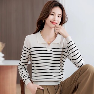 小个子修身条纹毛衣女2026早秋短款打底套头长袖显瘦Polo领针织衫
