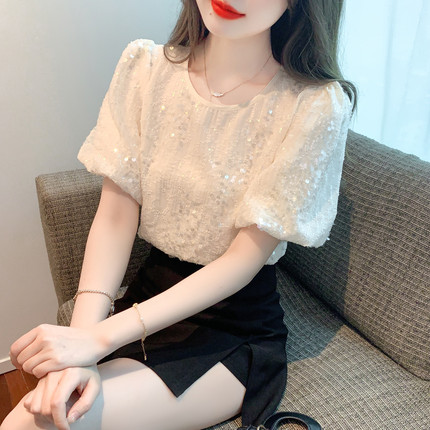 短袖t恤女夏季2023年新款亮片雪纺衫时髦时尚洋气泡泡袖上衣夏款