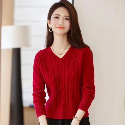 v领麻花短款毛衣女装2024冬新款 加厚针织衫小个子洋气内搭打底衫