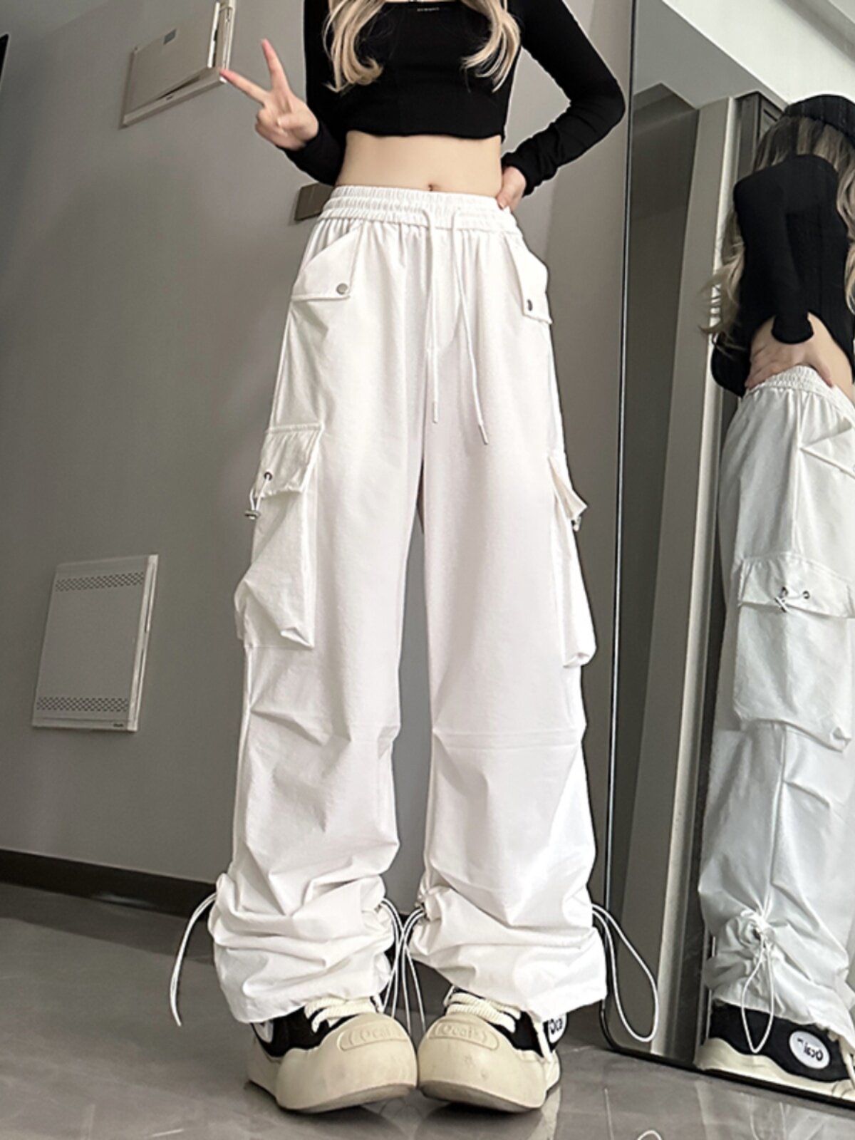 褶皱白色工装裤女秋冬加绒加厚美式潮牌高街嘻哈街舞休闲运动裤子