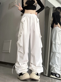 褶皱白色工装裤女秋冬加绒加厚美式潮牌高街嘻哈街舞休闲运动裤子