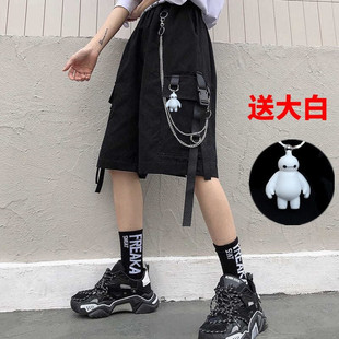 裤 阔腿五分裤 短裤 街头嘻哈链条宽松显瘦休闲中裤 ins潮 女韩版 工装