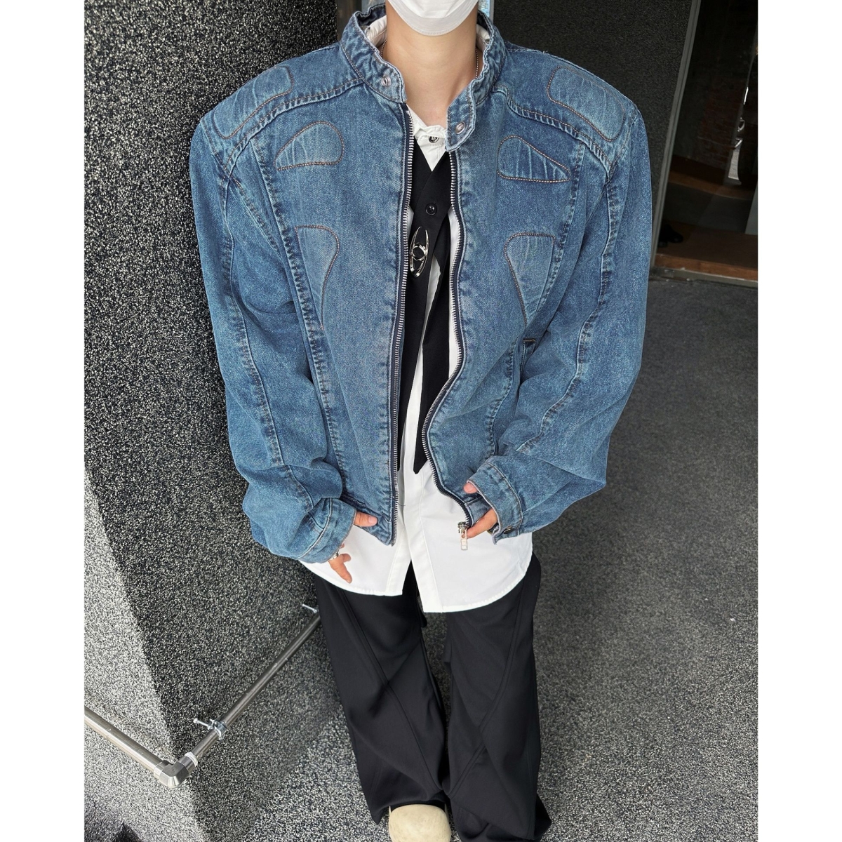 立体垫肩水洗黑灰色牛仔外套男秋季痞帅美式cleanfit立领工装夹克