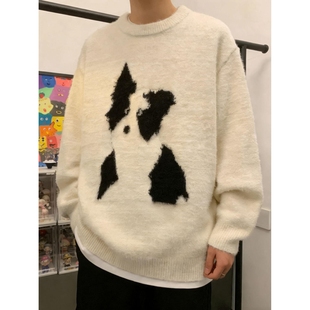 美式卡通套头毛衣男女冬季潮流圆领针织衫慵懒休闲情侣内搭