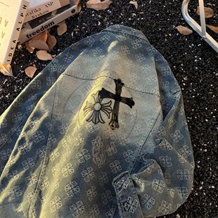 复古做旧男款春秋季水洗夹克十字架烫钻宽松提花牛仔外套男女款潮