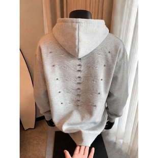 春季美式重磅Cleanfit复古钉珠刺绣设计连帽卫衣男女宽松休闲帽衫