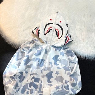 美式高街双帽迷彩鲨鱼拉链卫衣外套女春秋薄款hiphop潮牌情侣帽衫