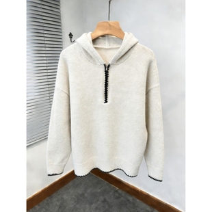 美式半拉链连帽套头针织衫男女同款秋冬外穿慵懒风宽松帽衫毛衣潮