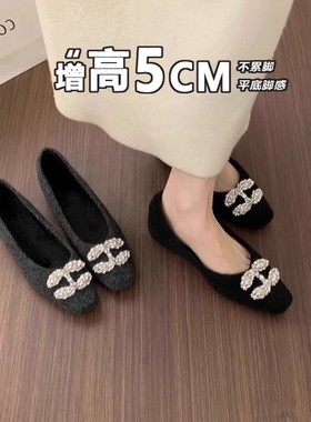 法式仙女风灰色毛呢加绒棉瓢鞋百搭不累脚内增高一脚蹬保暖单鞋女