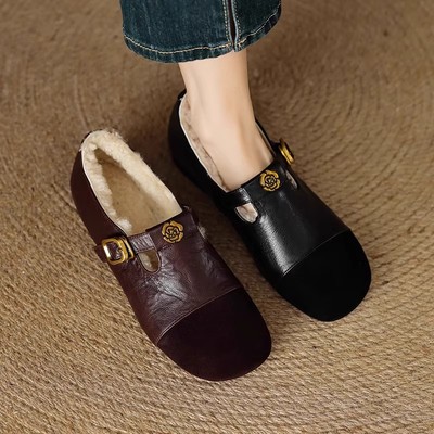 高品质毛毛鞋女真皮玛丽珍小皮鞋
