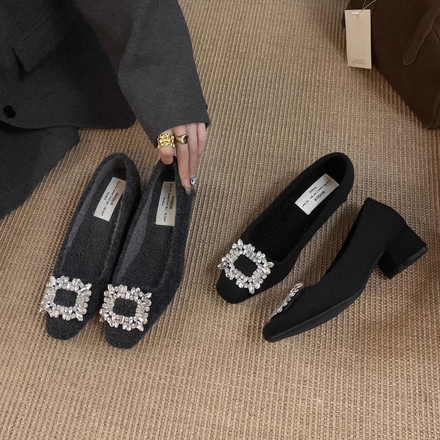 高品质毛毛鞋小香风方头浅口单鞋