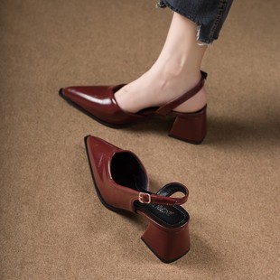 女2025年夏季 一字带后空单鞋 新款 绝美尖头高跟鞋 法式 真皮包头凉鞋