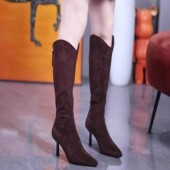 7CM尖头超显瘦V口高跟不过膝长筒靴女2025冬后拉链细跟绒面瘦瘦靴