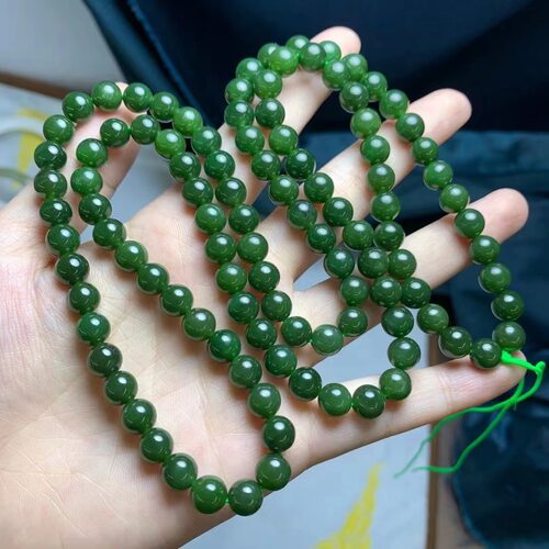 天然俄罗斯老料辣阳绿和田碧玉佛珠8mm多圈圆珠手串手链配链长链
