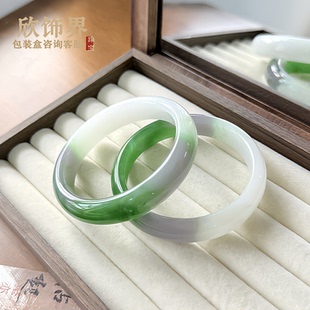 外蒙料仿翡翠色手镯冰种玉石阳绿飘花春彩手镯扁条绿飘花玻璃镯子