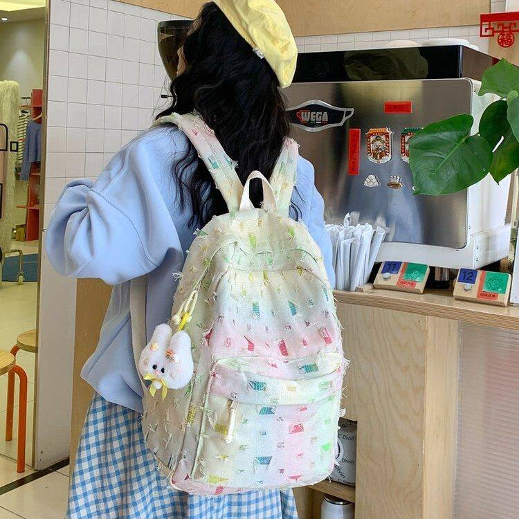 学生书包小众渐变设计感学院风多巴胺彩色格子大容量双肩包小背包