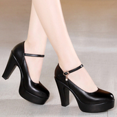 水钻圆头T台通勤真皮工作鞋 11CM牛皮单鞋 粗跟防水台走秀猪皮女鞋