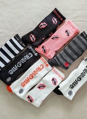 欧美潮牌袜子克罗烈焰红唇十字架希腊字母袜纯棉毛巾底运动长袜