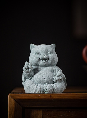 创意青砂石招财福猫治愈系茶宠摆