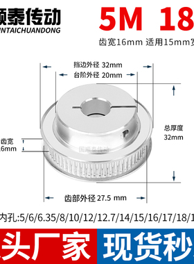 夹持型同步轮5M18齿宽16内孔5 6 6.35 8 1012皮带HTCPA5M同步带轮