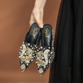 女 网纱粗跟水钻尖头高跟九尾狐半拖鞋 包头拖鞋 女外穿2025春夏新款