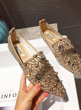 欧洲站2025春夏季新款尖头平底百搭水钻铆钉透气网沙一脚蹬单鞋女