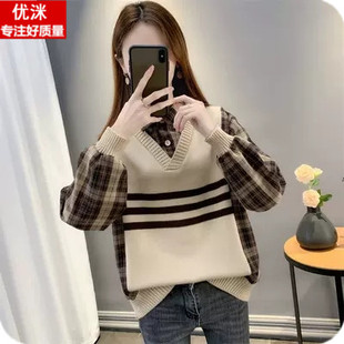 女大童假两件毛衣秋冬季生韩版洋气拼接衬衫13岁女孩外穿宽松